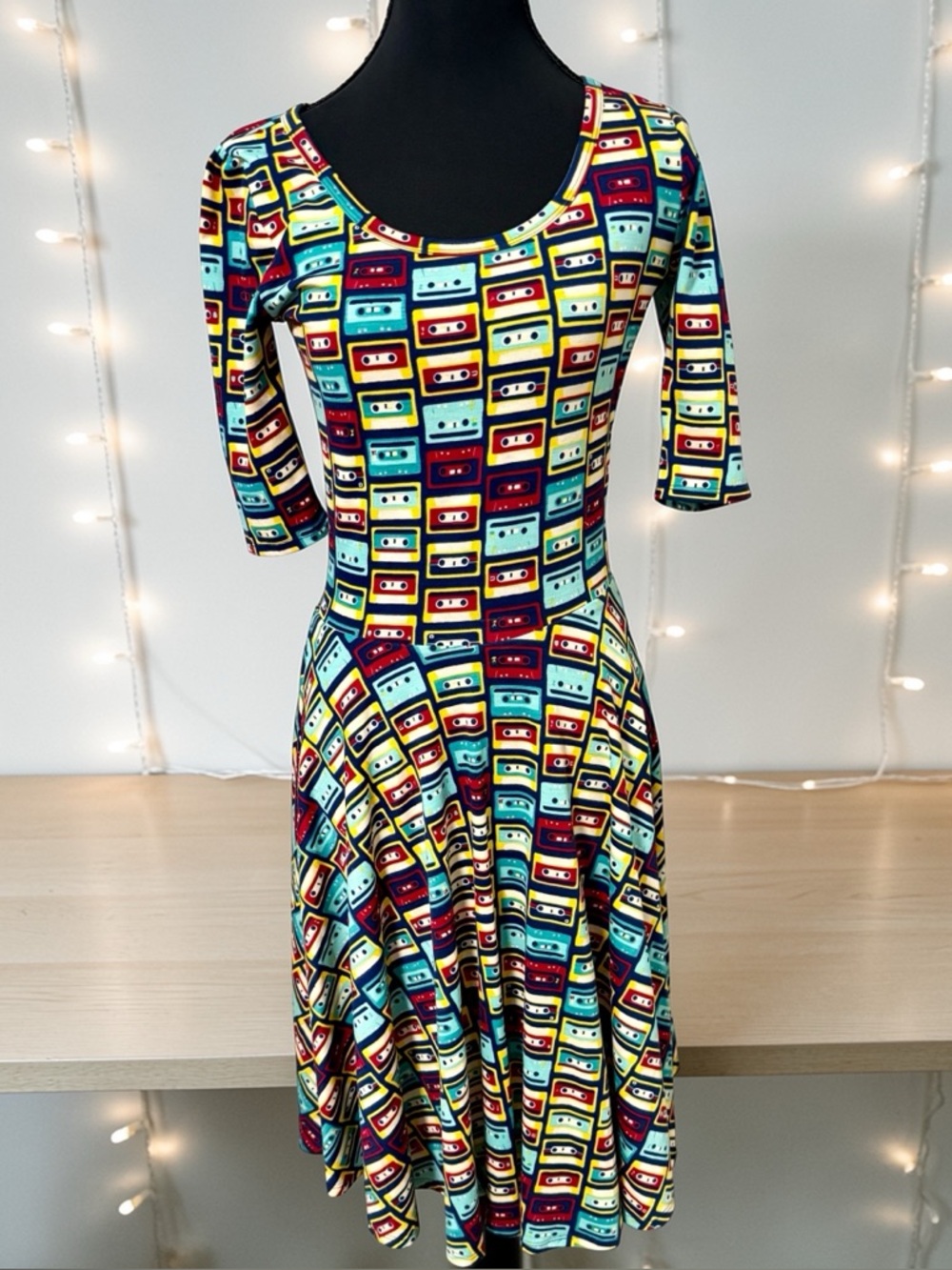 LuLaRoe Carly Cassette Tape Print Fit & Flare Dress XS Retro Music Novelty